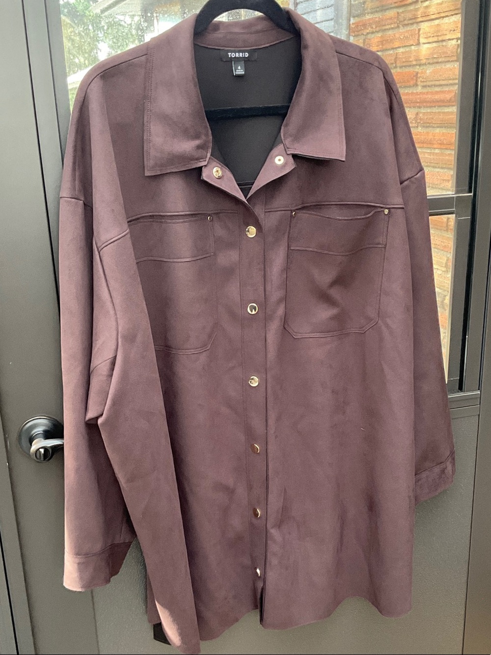 torrid dark brown mock suede snap-front utility jacket